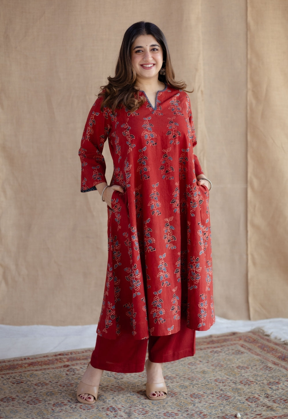 Malika Red Ajrakh Cotton Kali Kurta with Hand Embroidery