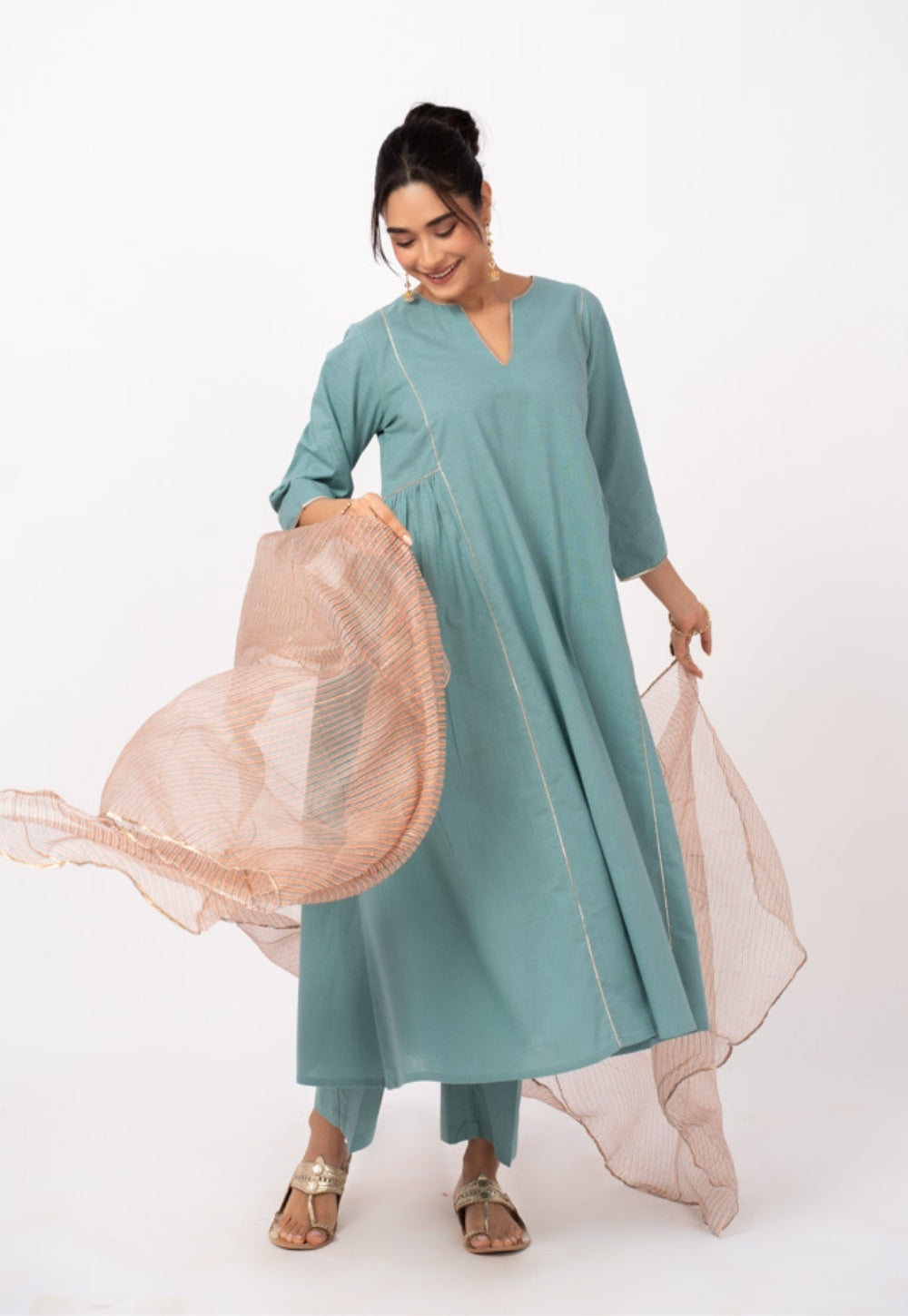 Tamanna Blue Solid Slub Cotton Kali Kurta Suit Set with Printed Dupatta (Set of 3)