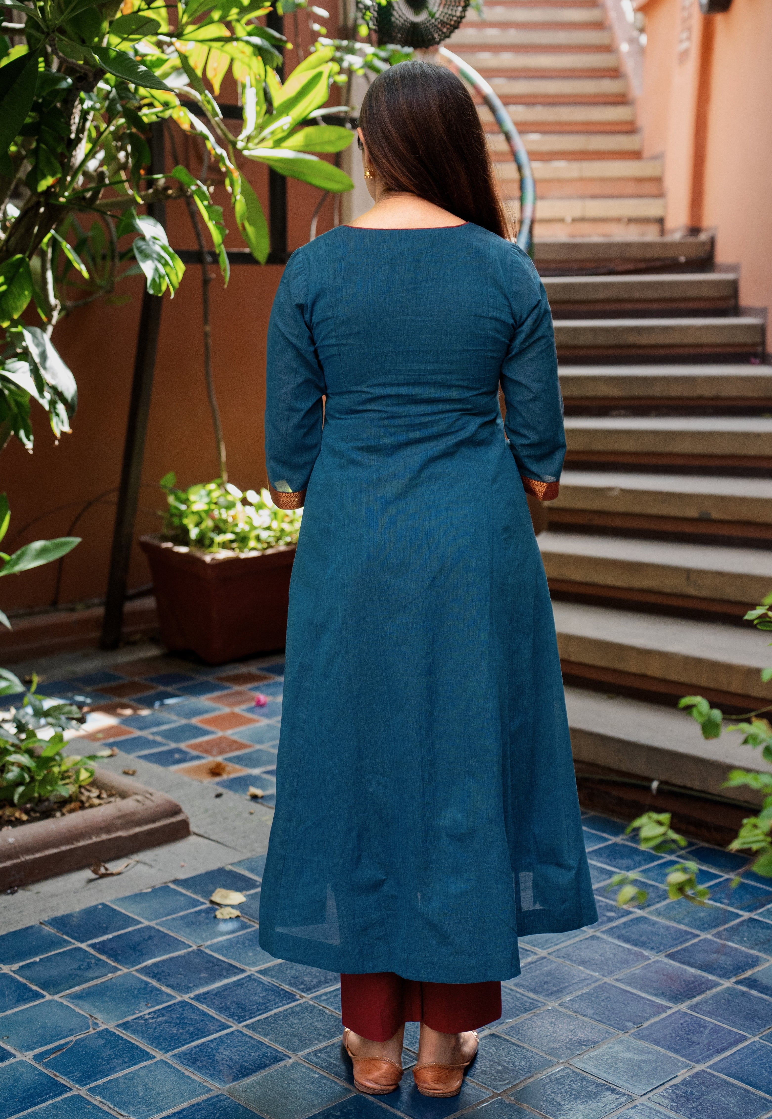 Lipika Blue Mangalgiri Cotton A Line Kurta with Nizam Border