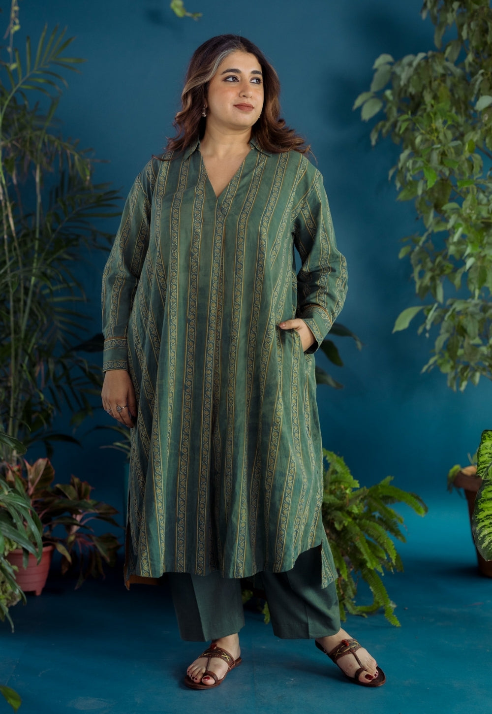 Tejshri Green Ajrakh Cotton A Line Kurta