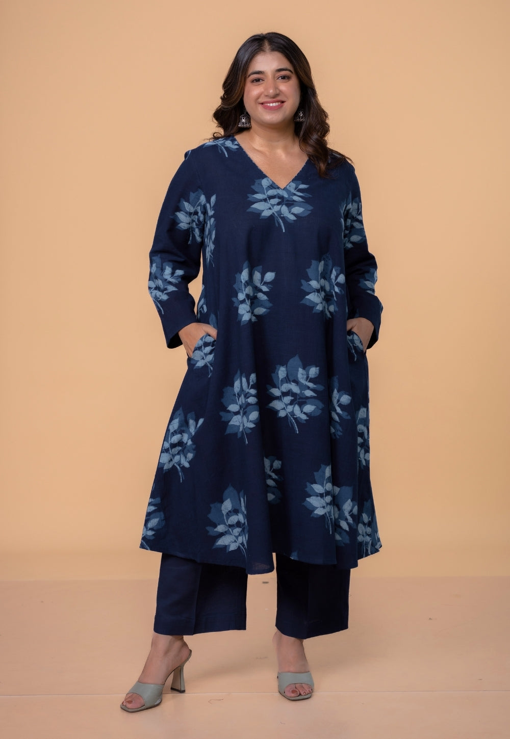 Shrusti Blue Dabu Slub Cotton A Line Kurta
