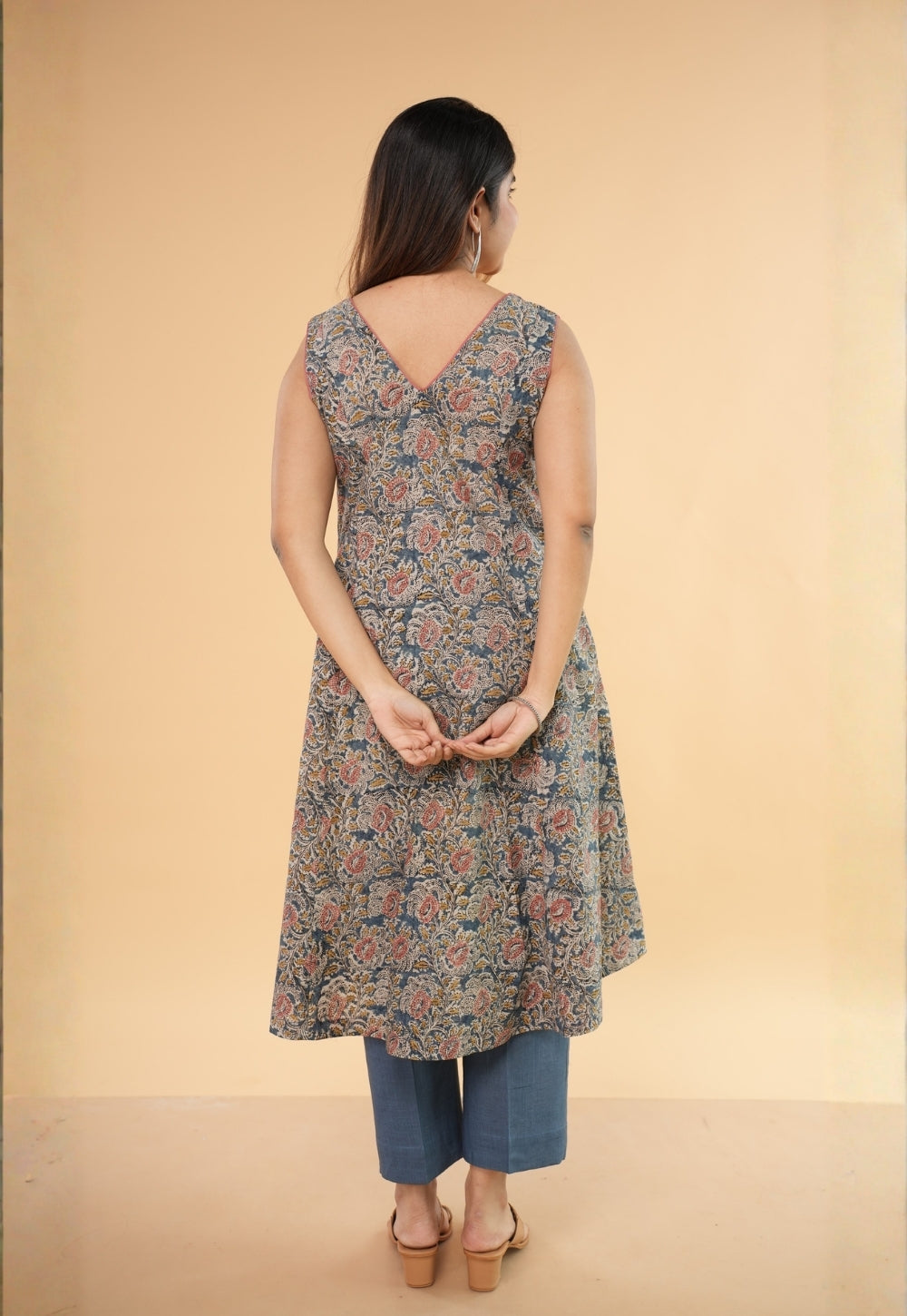 Raahi Blue Kalamkari Cotton Kali Kurta