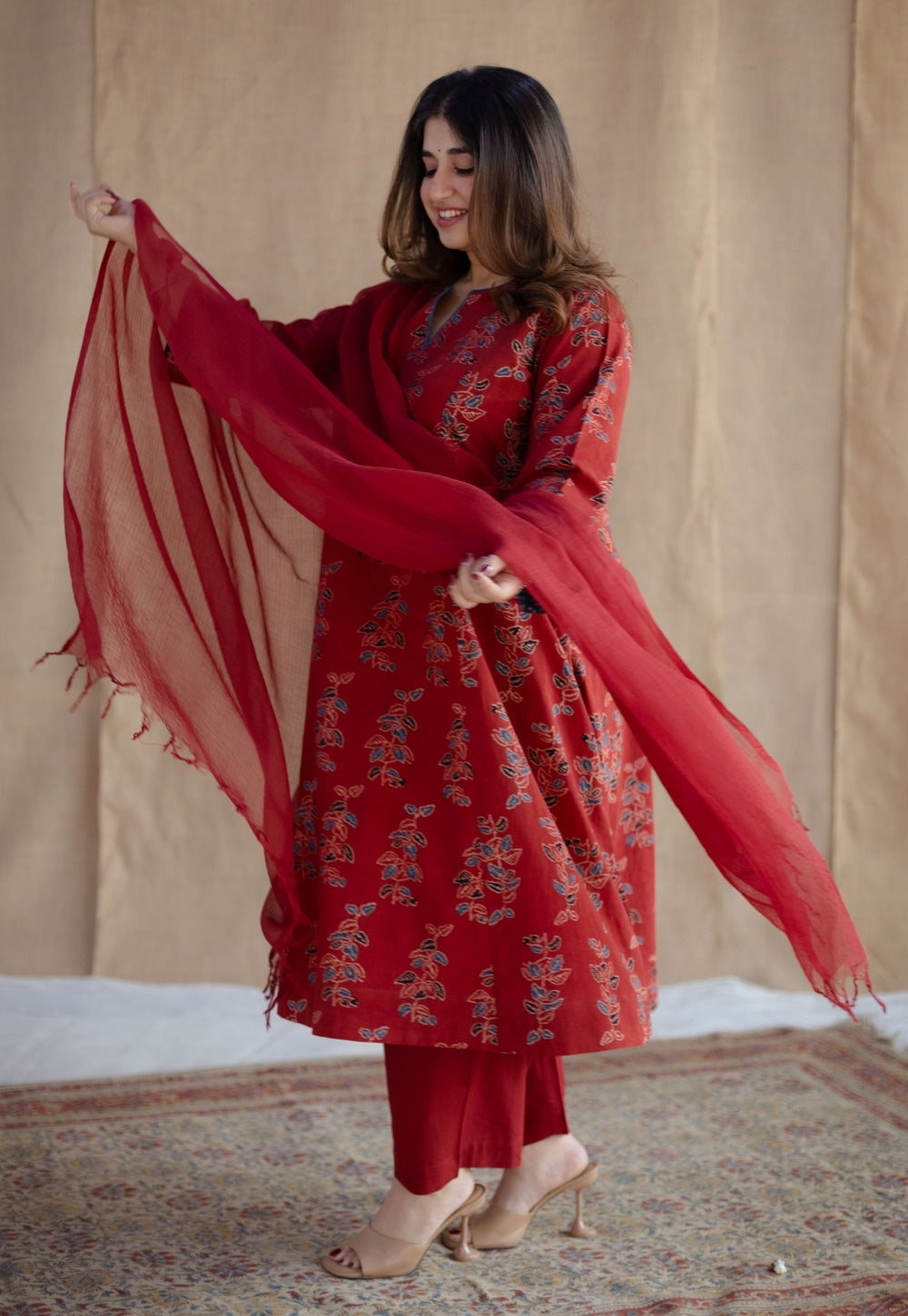 Malika Red Ajrakh Cotton Kali Kurta with Hand Embroidery