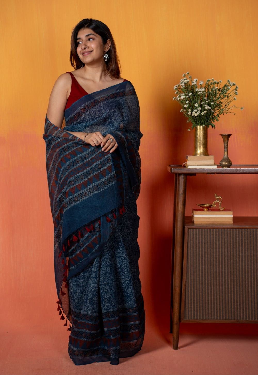 Blue Traditional Ajrakh Hand Block Print Kota Doria Cotton Saree