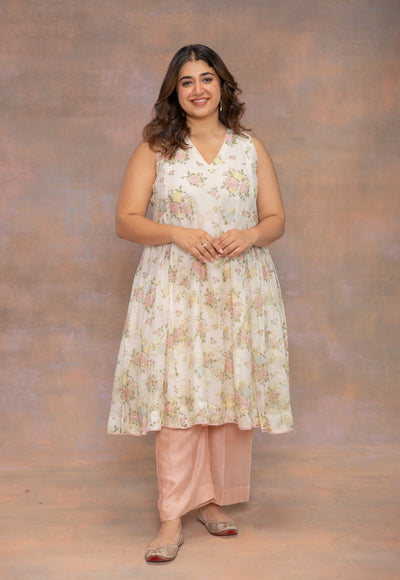 Rois White Sanganeri Chanderi Silk Kali Kurta
