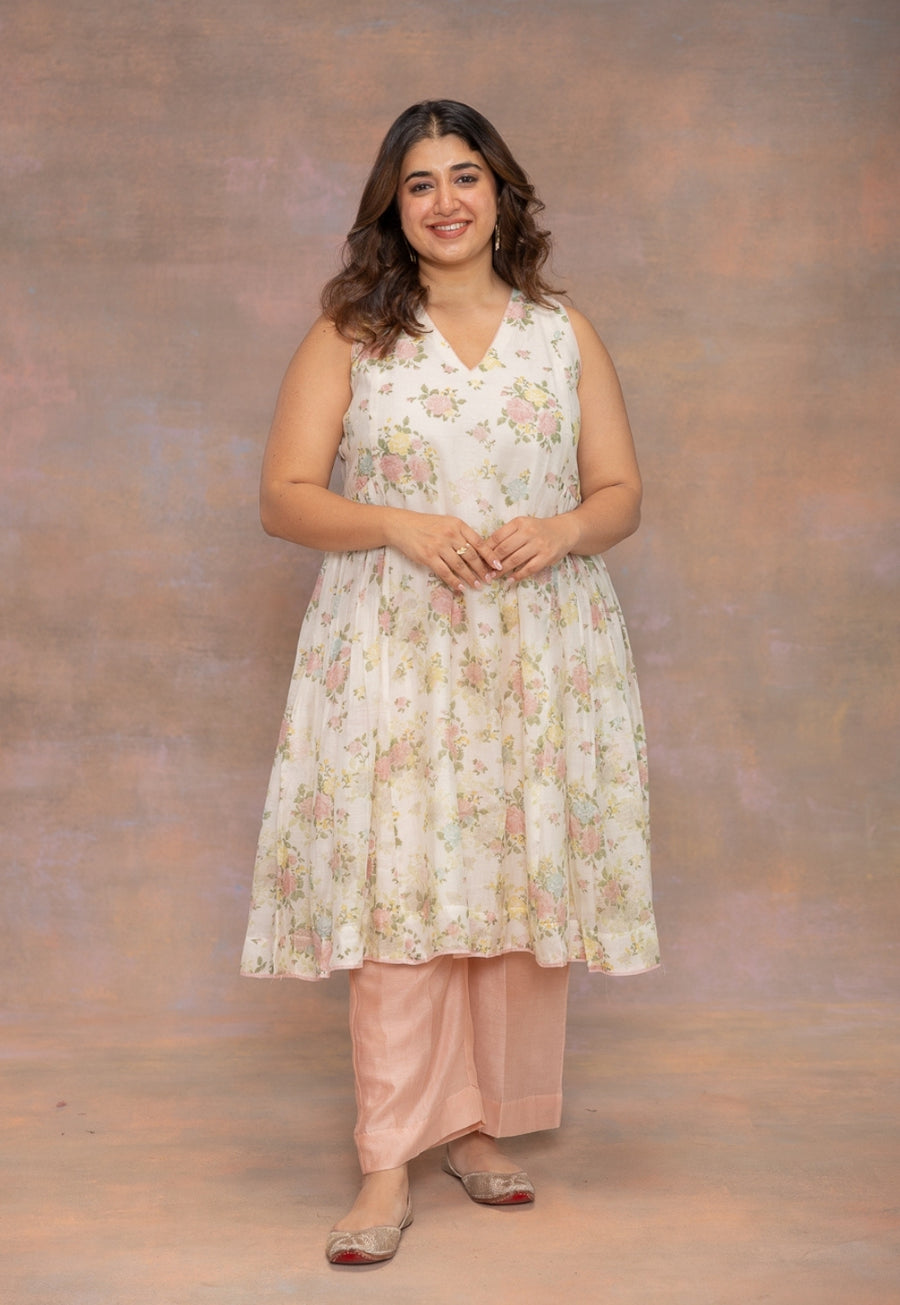 Rois White Sanganeri Chanderi Silk Kali Kurta