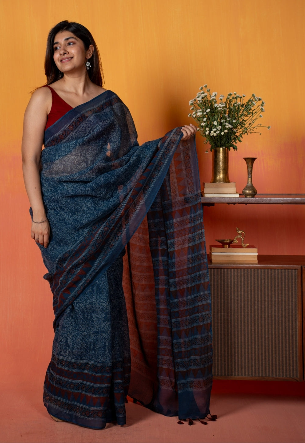 Blue Traditional Ajrakh Hand Block Print Kota Doria Cotton Saree