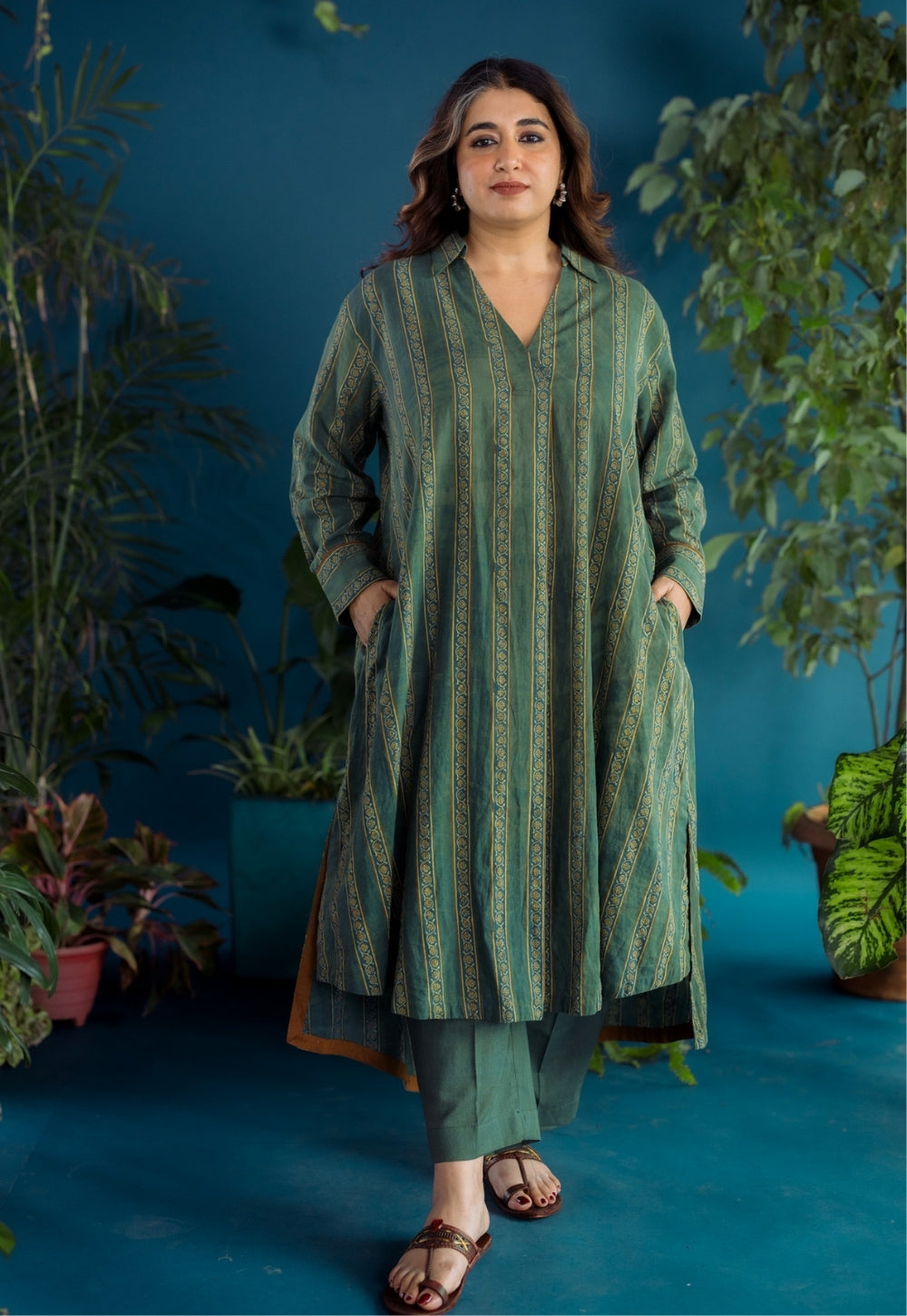 Tejshri Green Ajrakh Cotton A Line Kurta
