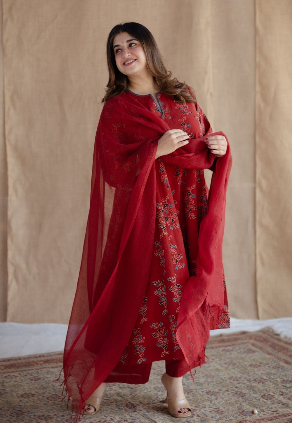 Malika Red Ajrakh Cotton Kali Kurta with Hand Embroidery