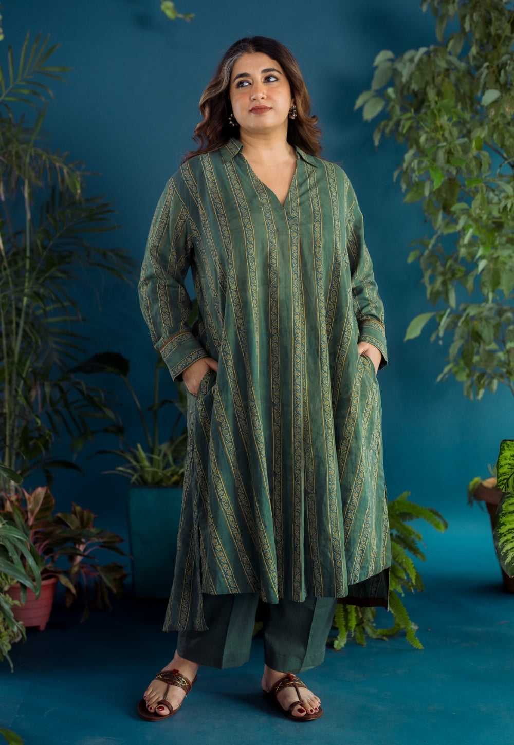 Tejshri Green Ajrakh Cotton A Line Kurta