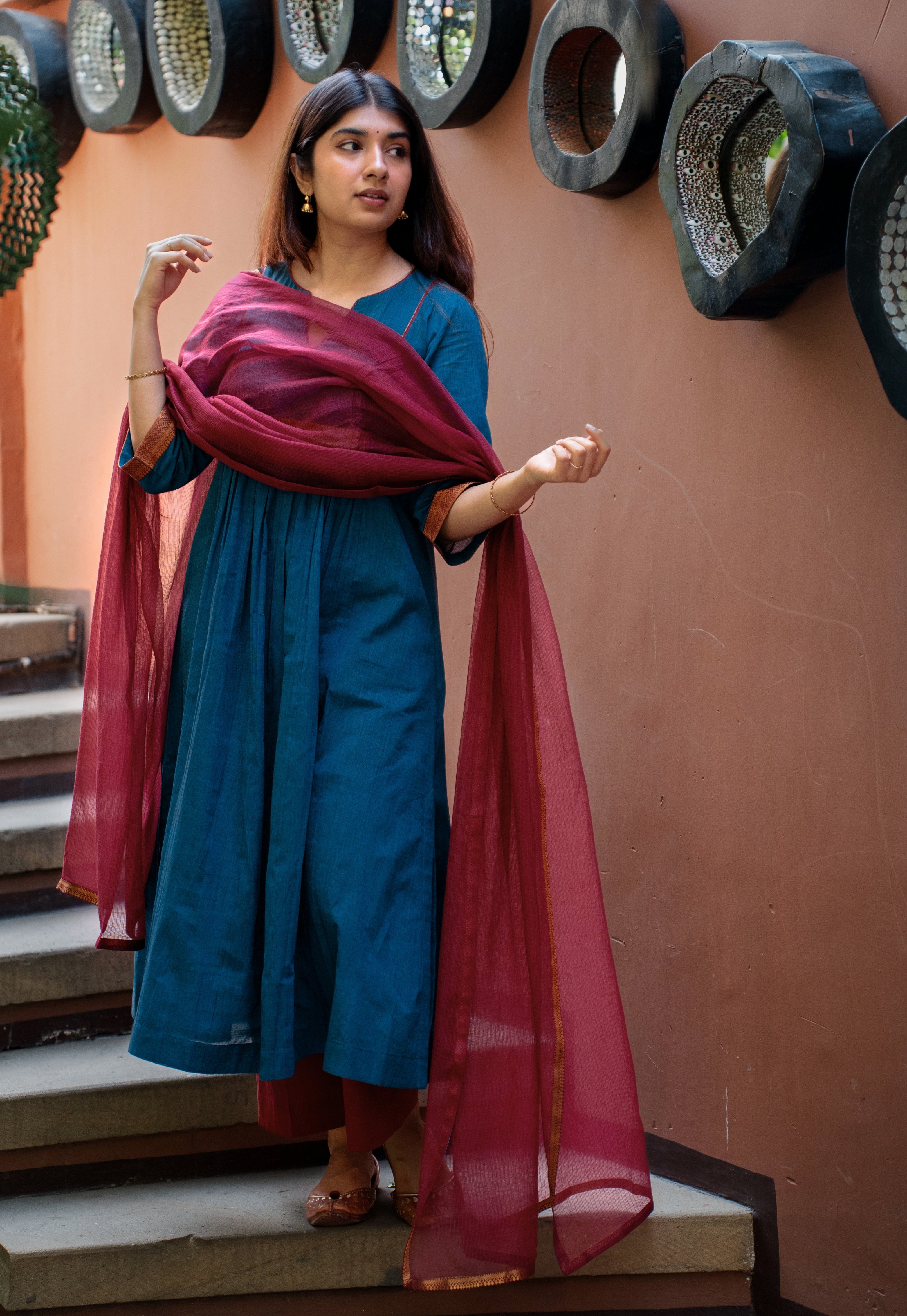 Lipika Blue Mangalgiri Cotton A Line Kurta with Nizam Border