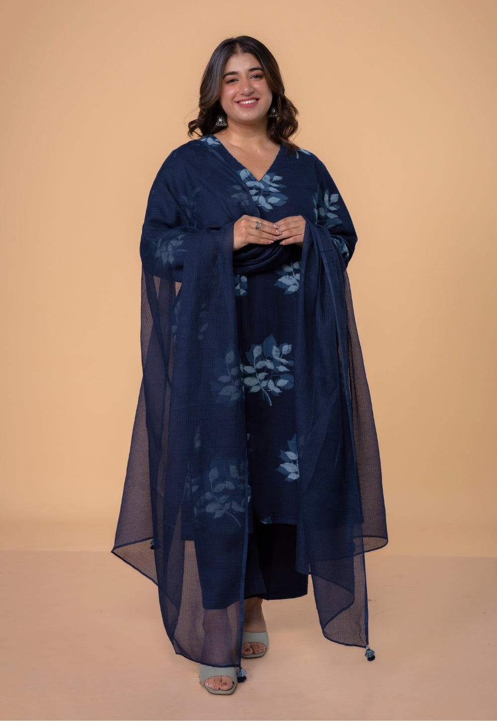 Shrusti Blue Dabu Slub Cotton A Line Kurta