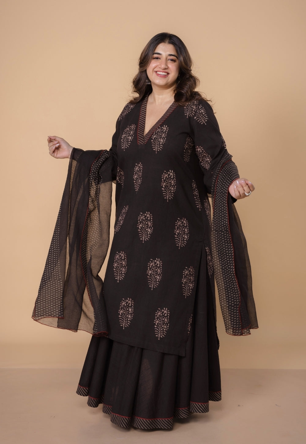 Zeenat Brown Dabu Slub Cotton Straight Kurta