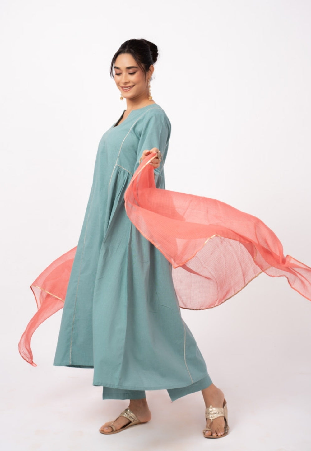 Tamanna Blue Solid Slub Cotton Kali Kurta Suit Set with Solid Dupatta (Set of 3)