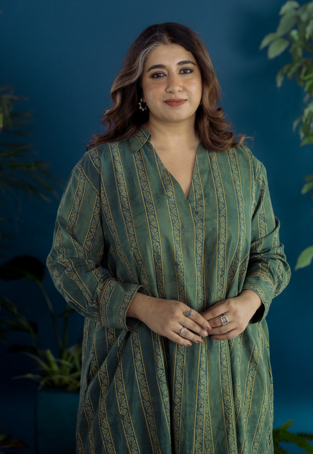 Tejshri Green Ajrakh Cotton A Line Kurta