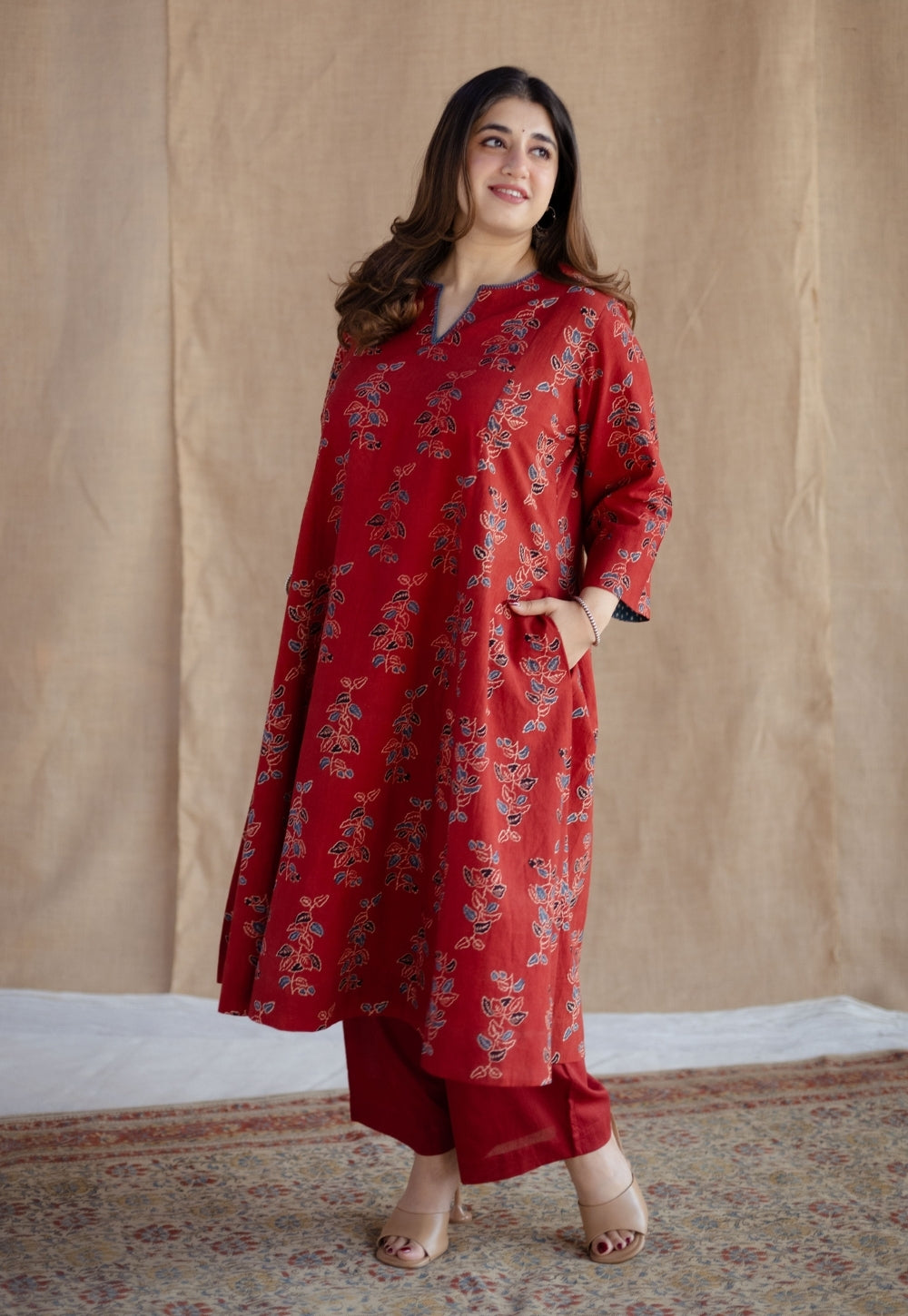 Malika Red Ajrakh Cotton Kali Kurta with Hand Embroidery