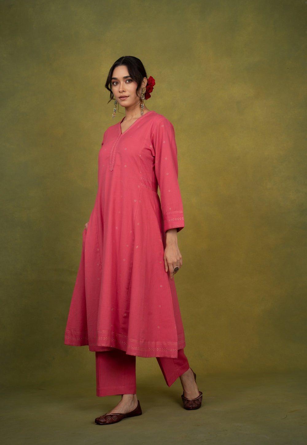 Sadia Pink Rogan Handblock Printed Cotton Kali Kurta Suit Set (Set of 3)