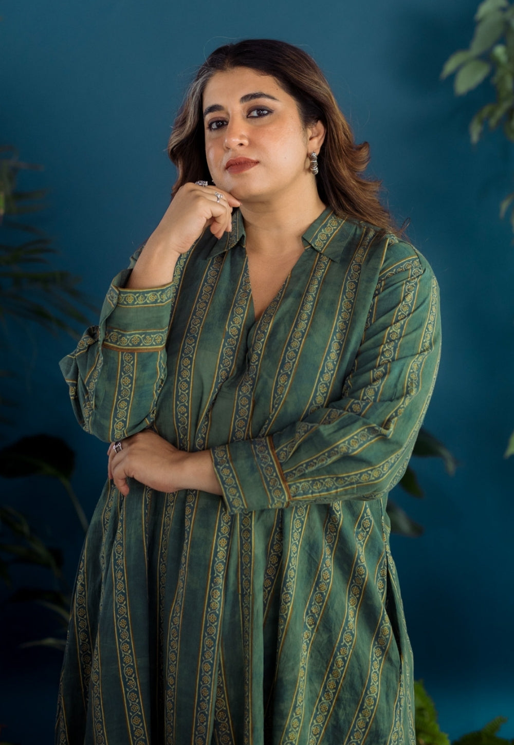 Tejshri Green Ajrakh Cotton A Line Kurta