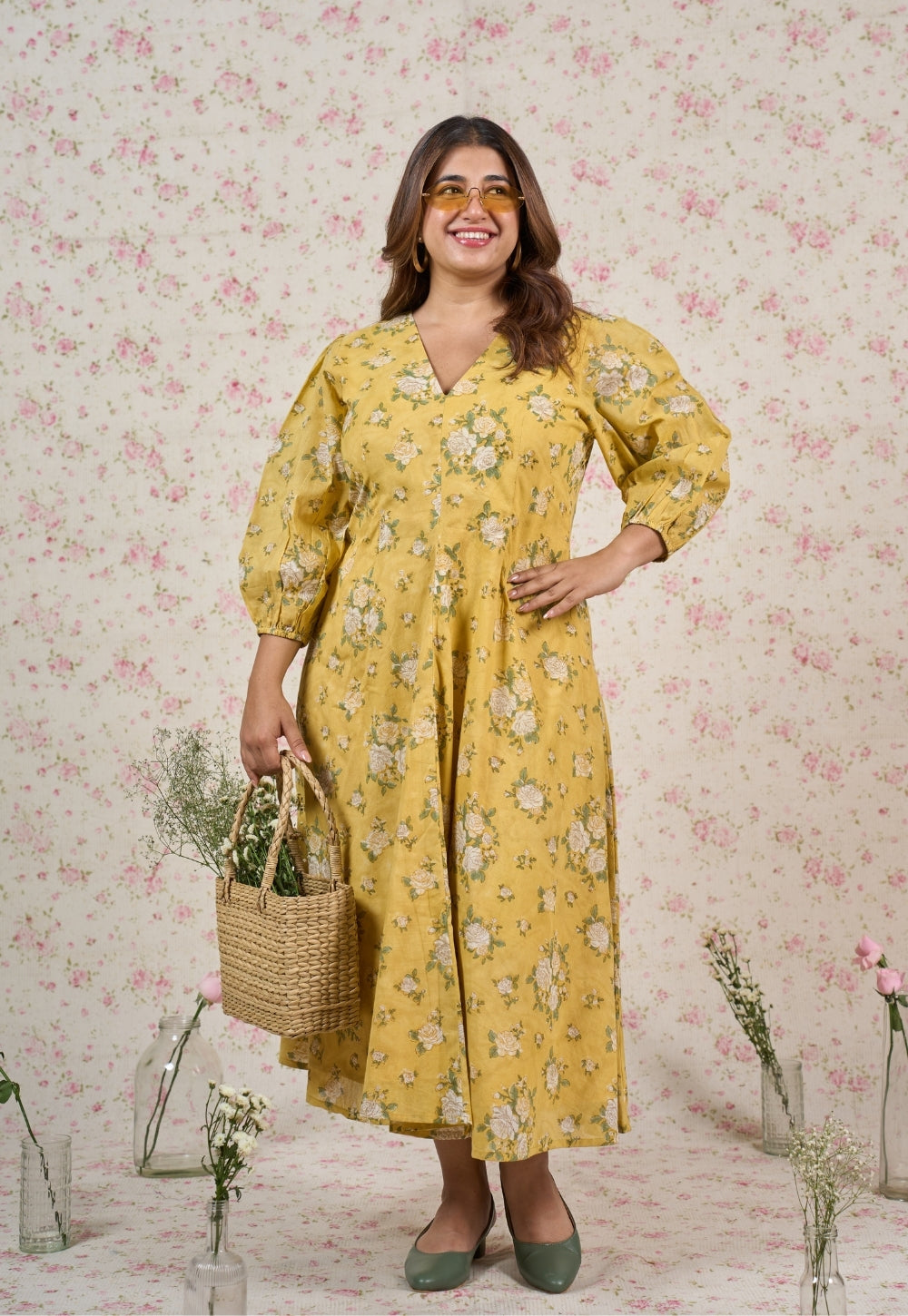 Hazel Yellow Sanganeri Mul Cotton A Line Dress