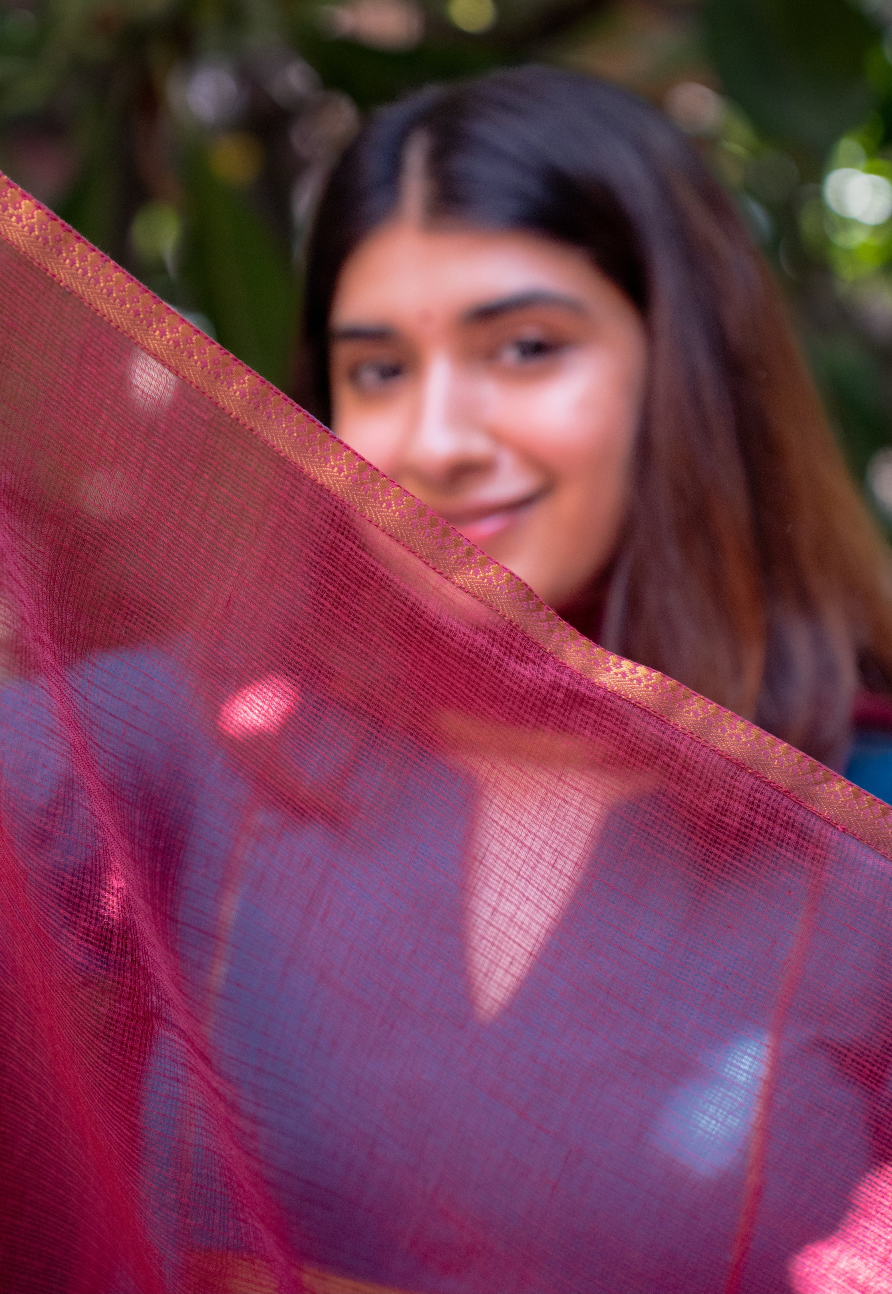 Dark Red Solid Kota Doria Cotton Dupatta with Mangalgiri Border