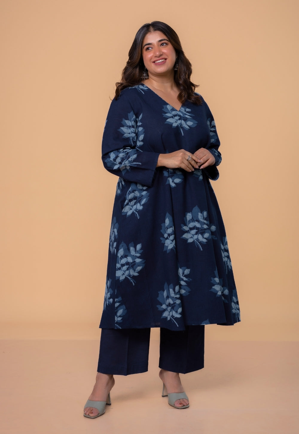 Shrusti Blue Dabu Slub Cotton A Line Kurta
