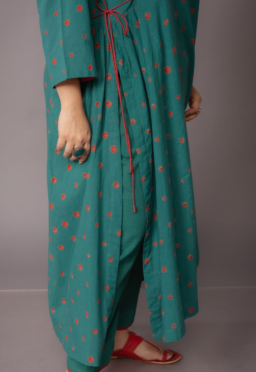 Swara Green Bandhani Cotton Kali Suit Set with Embroidery (Set of 3)
