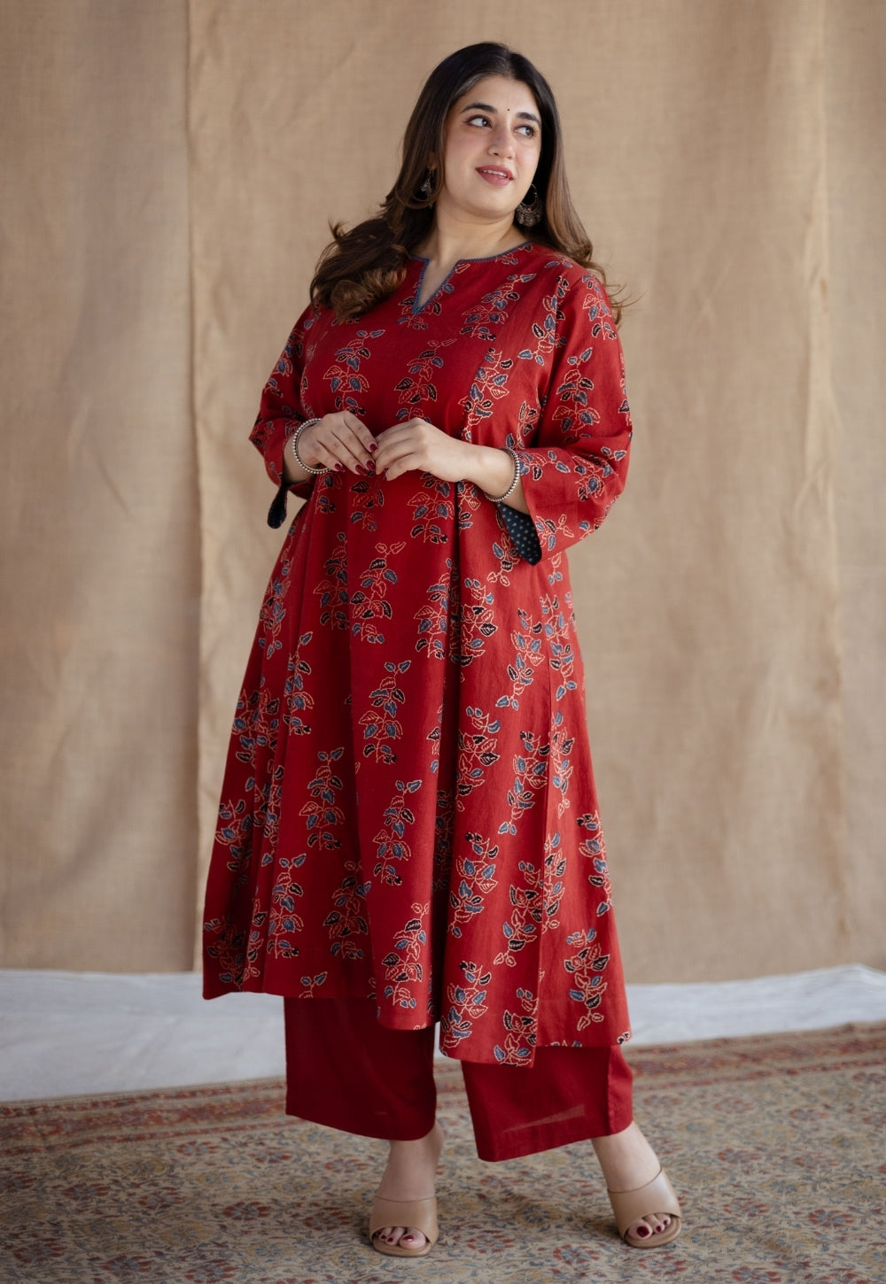 Malika Red Ajrakh Cotton Kali Kurta with Hand Embroidery