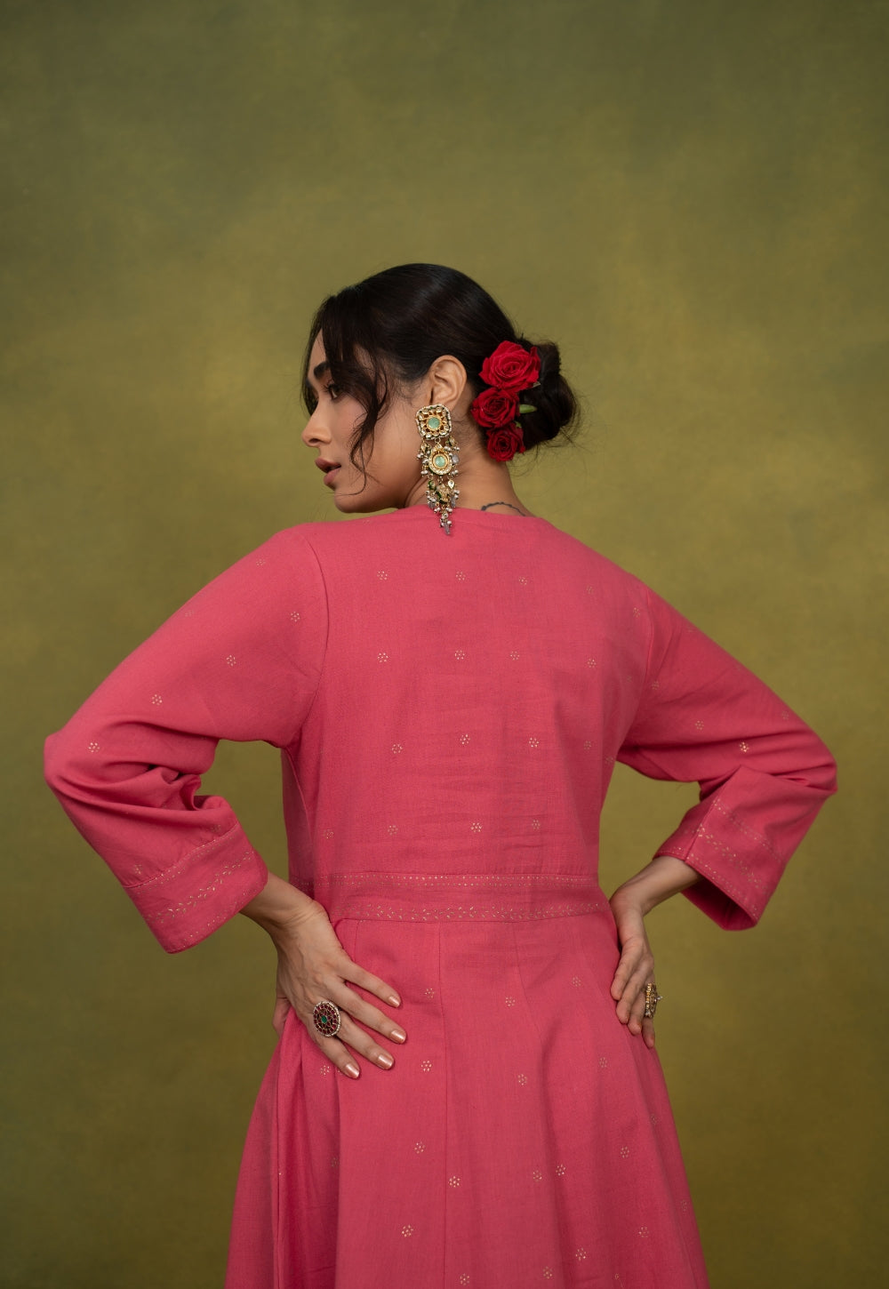 Sadia Pink Rogan Handblock Printed Cotton Kali Kurta Suit Set (Set of 3)