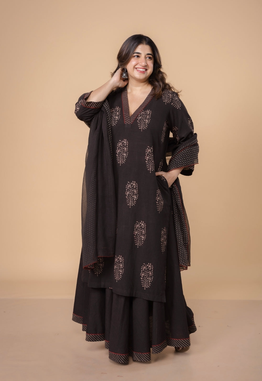 Zeenat Brown Dabu Slub Cotton Straight Kurta