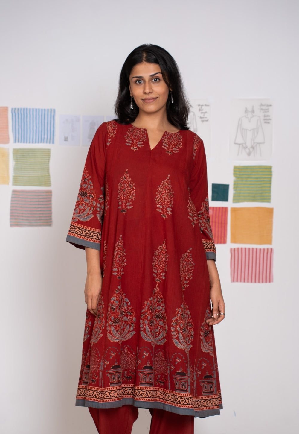Prisha Red Ajrakh Cotton Kali Kurta