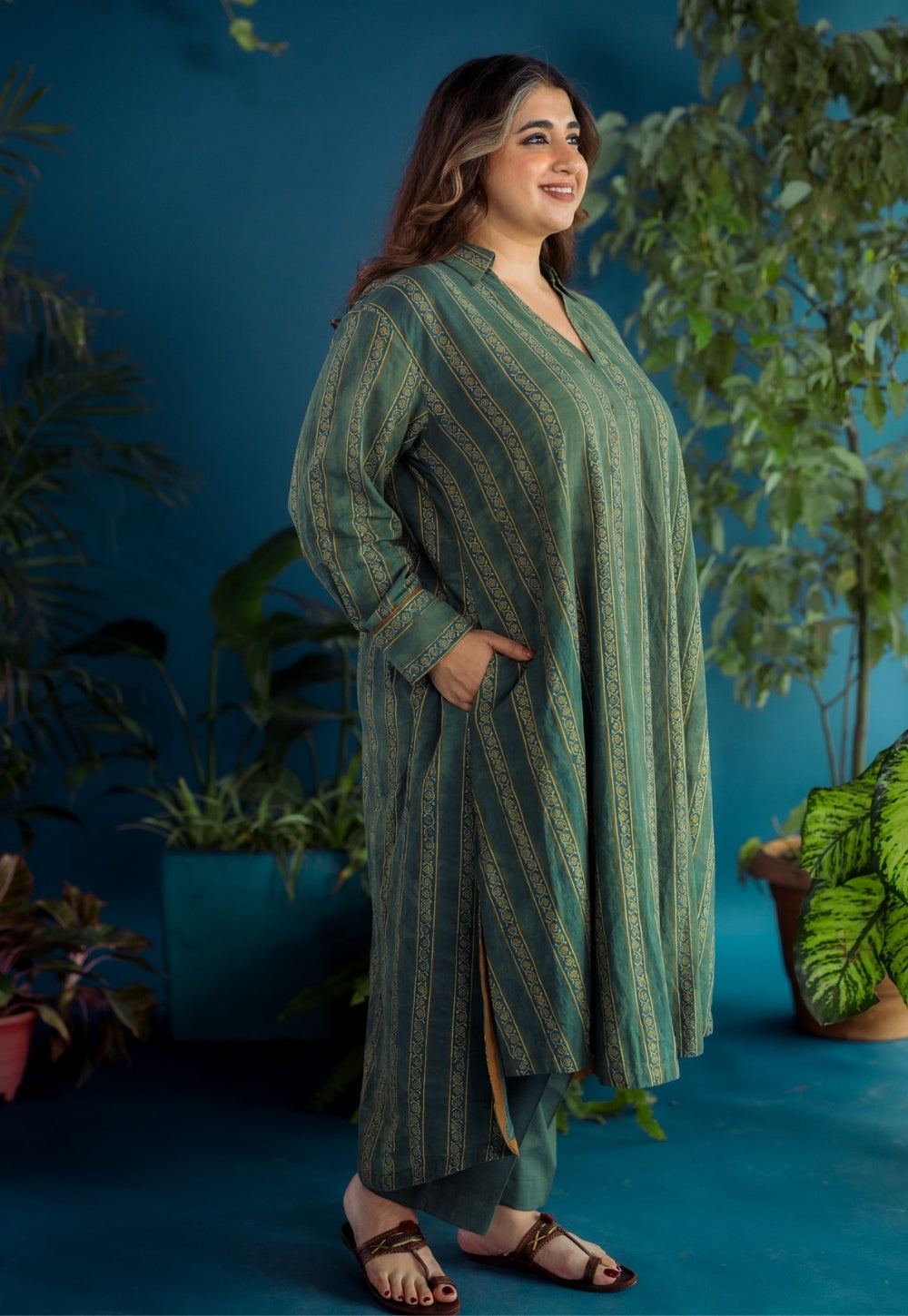 Tejshri Green Ajrakh Cotton A Line Kurta