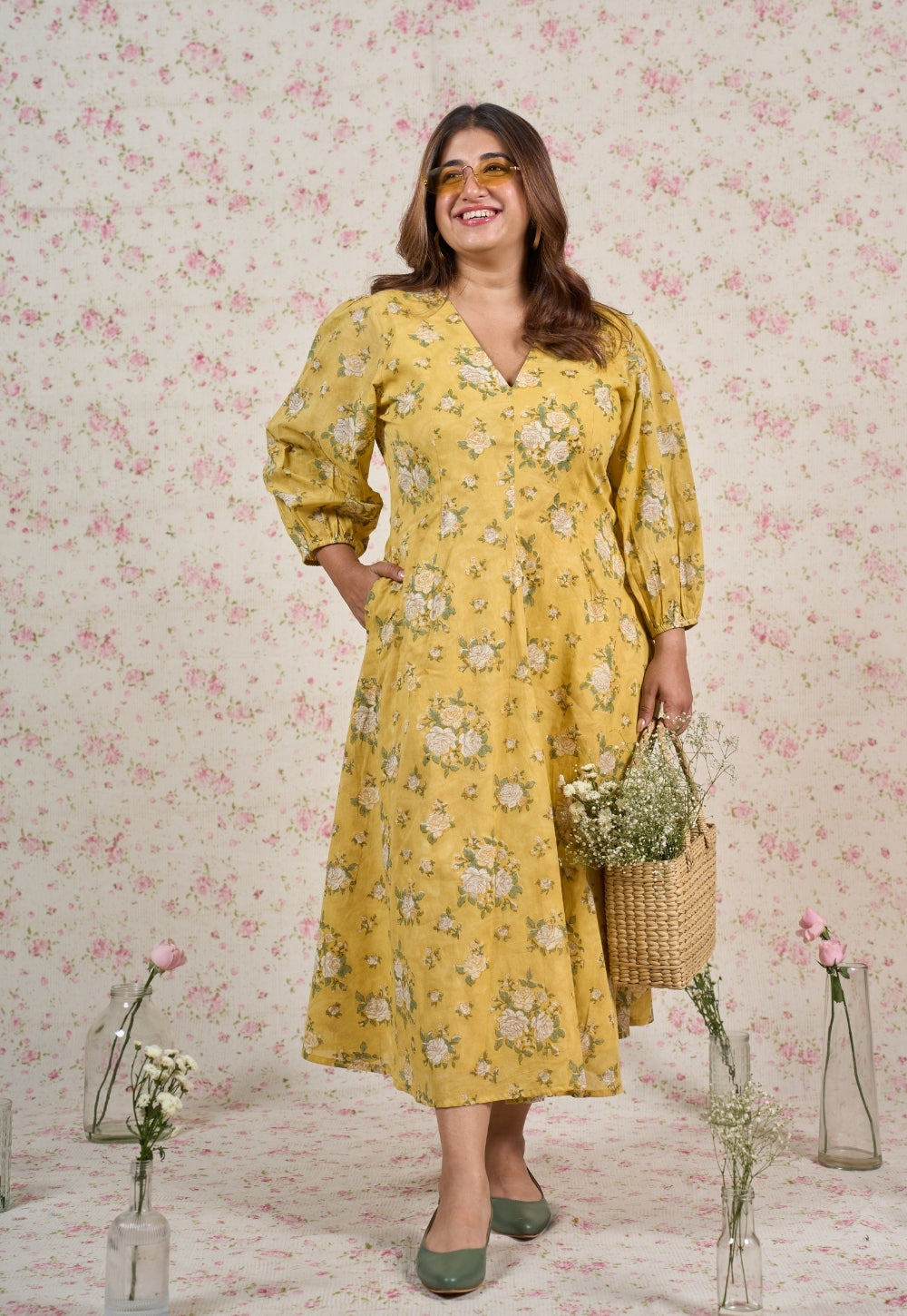 Hazel Yellow Sanganeri Mul Cotton A Line Dress