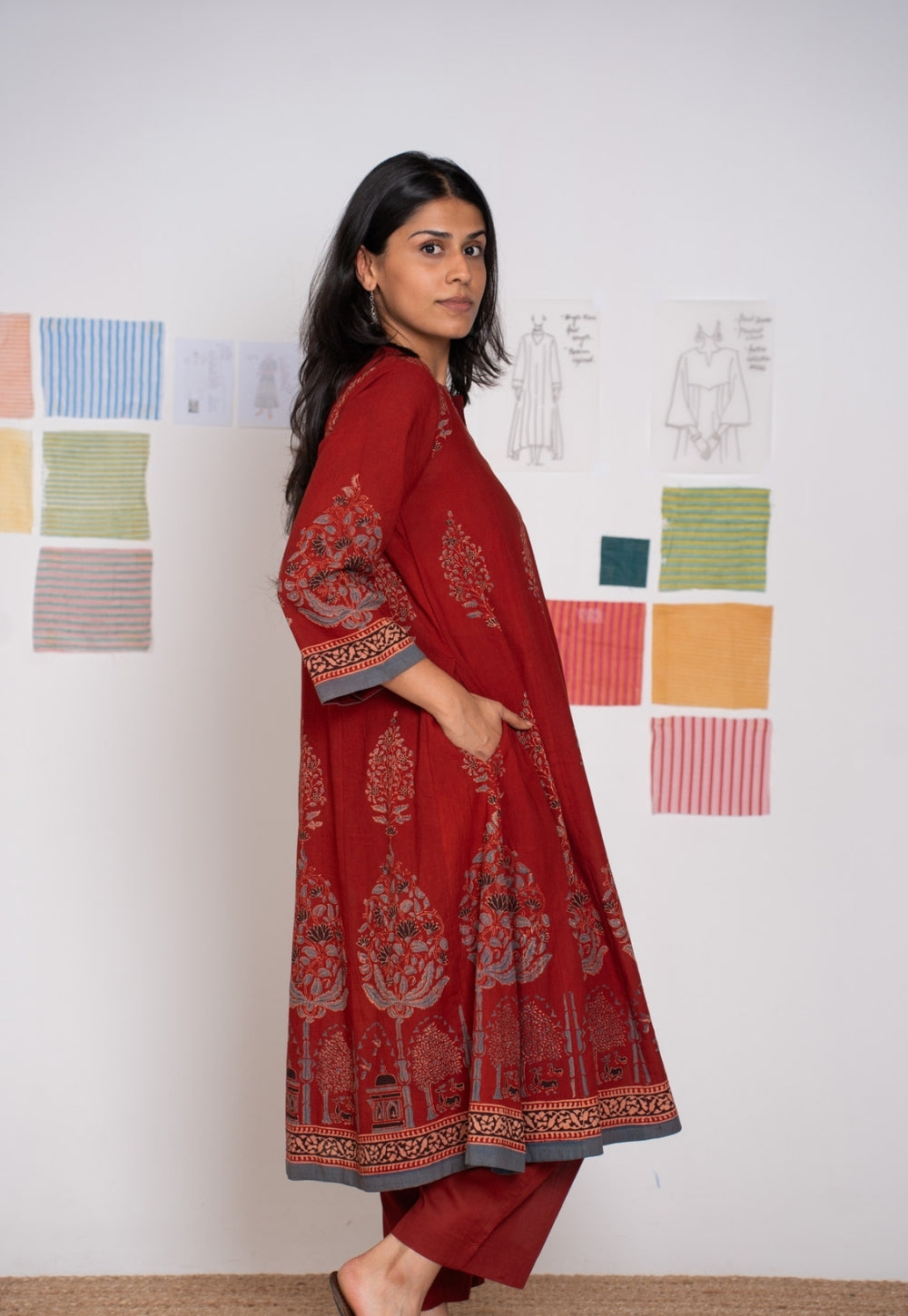 Prisha Red Ajrakh Cotton Kali Kurta