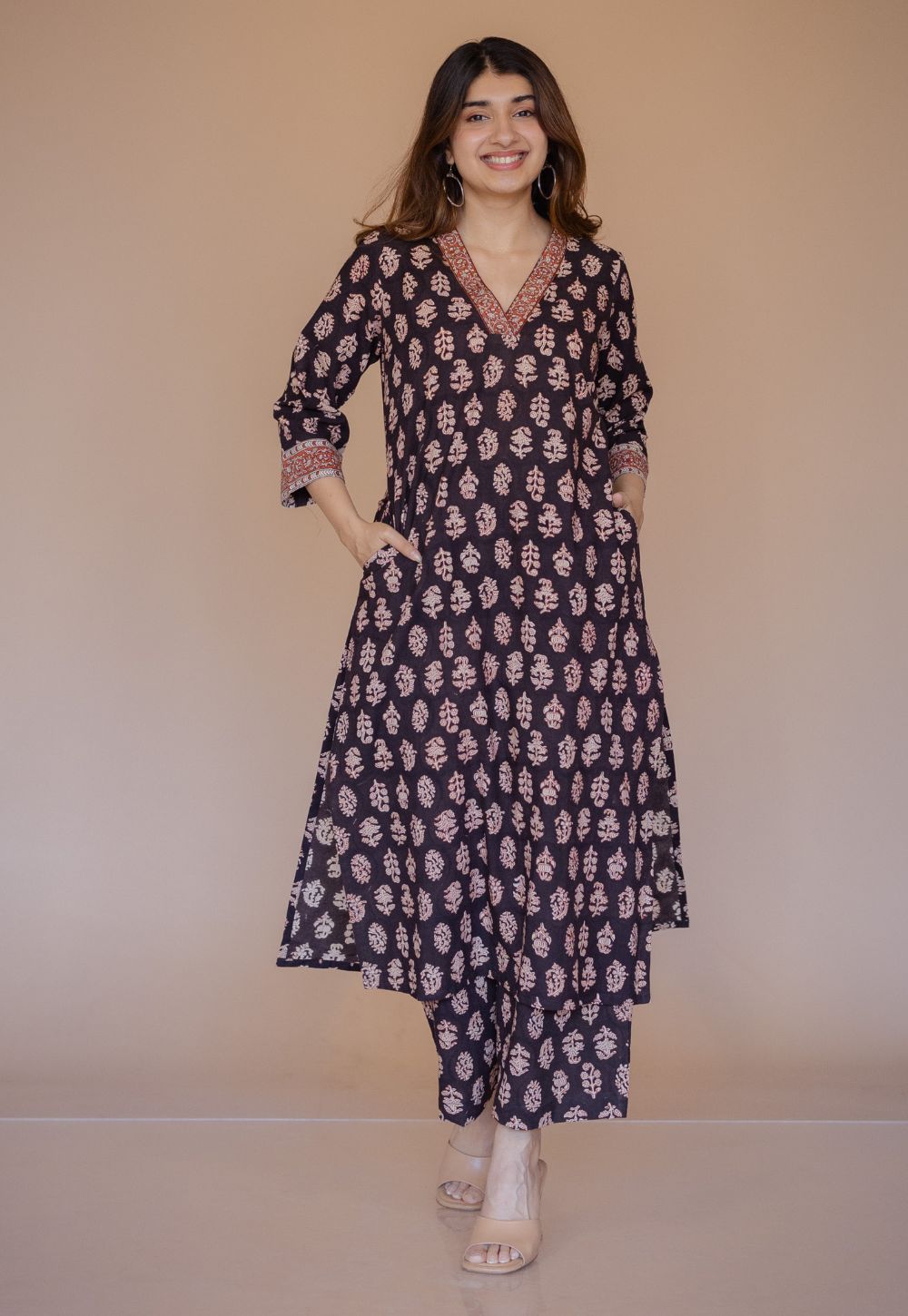 Shanza Black Bagru Cotton Straight Co-Ord Set with Embroidery