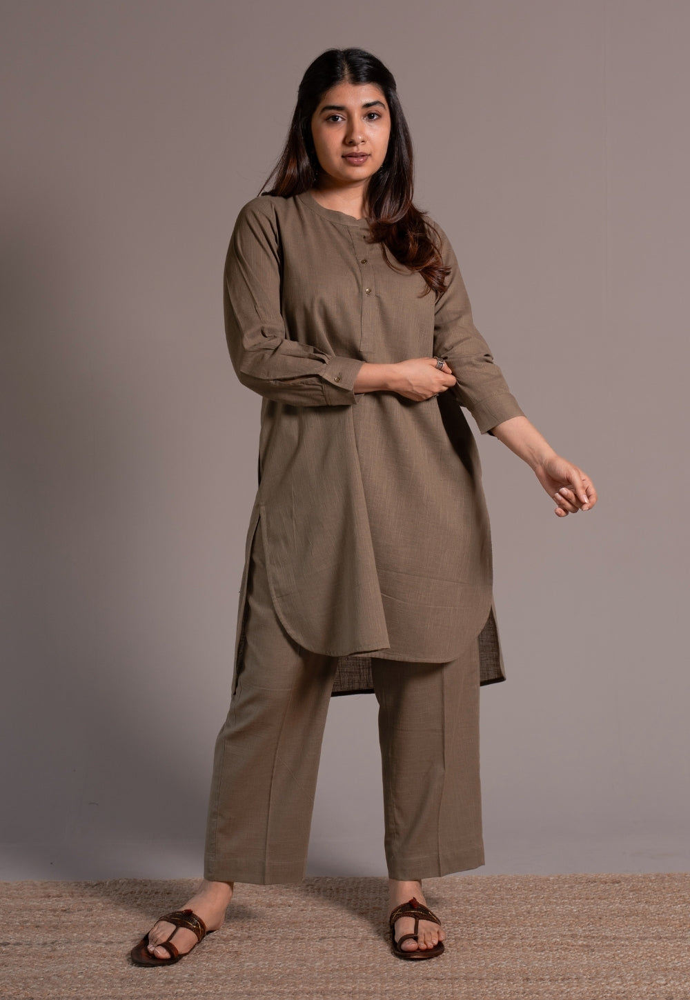 Khaki Grey Solid Slub Cotton Straight Kurta - DyeVerse