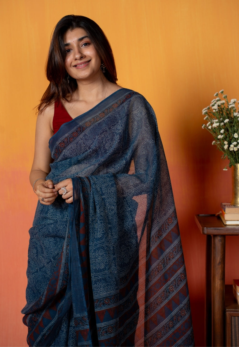 Blue Traditional Ajrakh Hand Block Print Kota Doria Cotton Saree