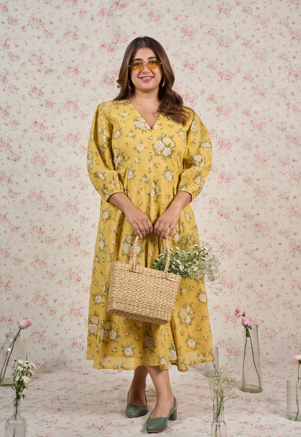 Hazel Yellow Sanganeri Mul Cotton A Line Dress
