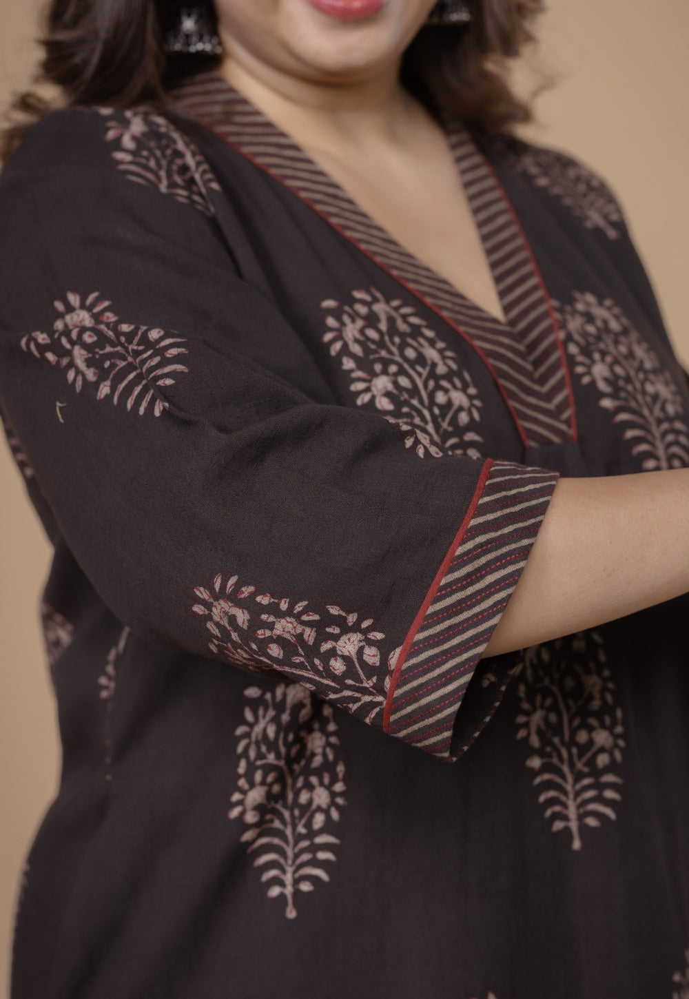 Zeenat Brown Dabu Slub Cotton Straight Kurta Set (Set of 2)
