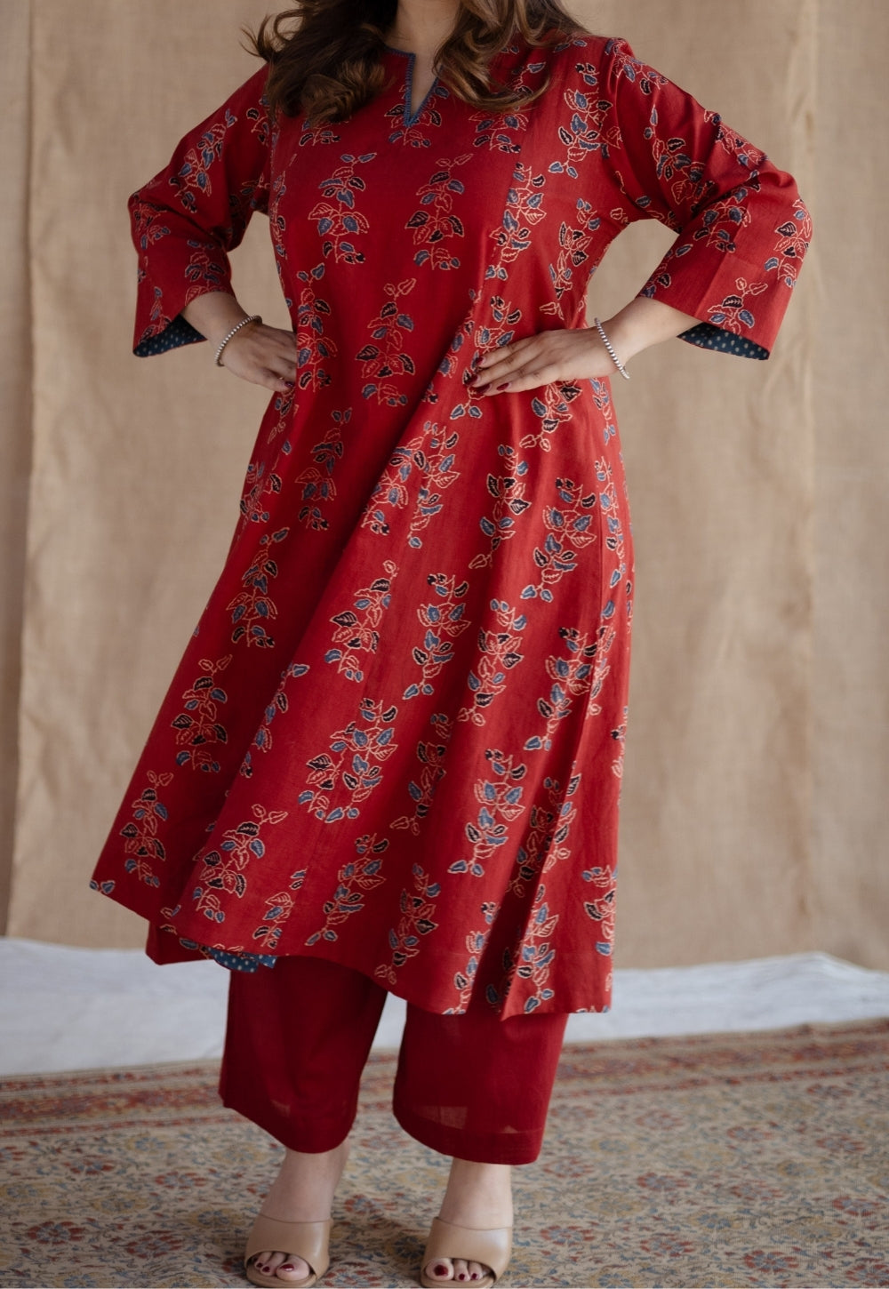 Malika Red Ajrakh Cotton Kali Kurta with Hand Embroidery