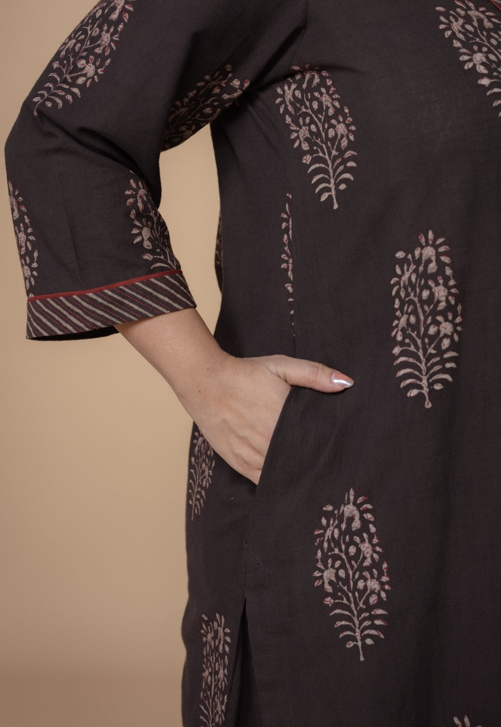 Zeenat Brown Dabu Slub Cotton Straight Kurta Set (Set of 2)