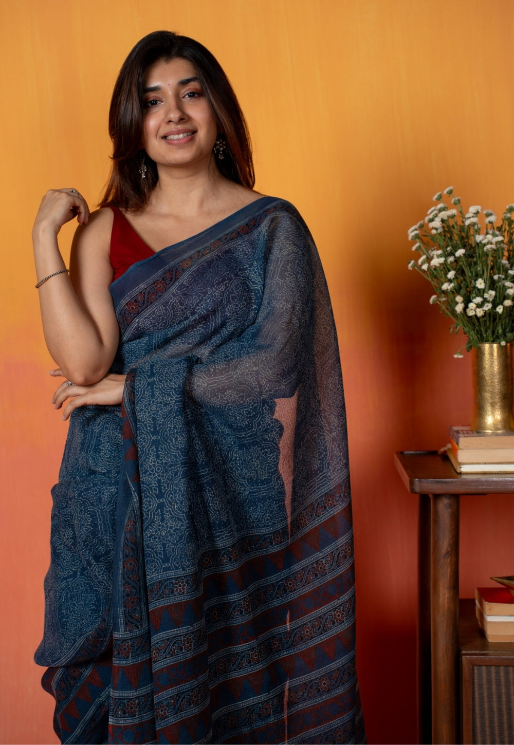 Blue Traditional Ajrakh Hand Block Print Kota Doria Cotton Saree