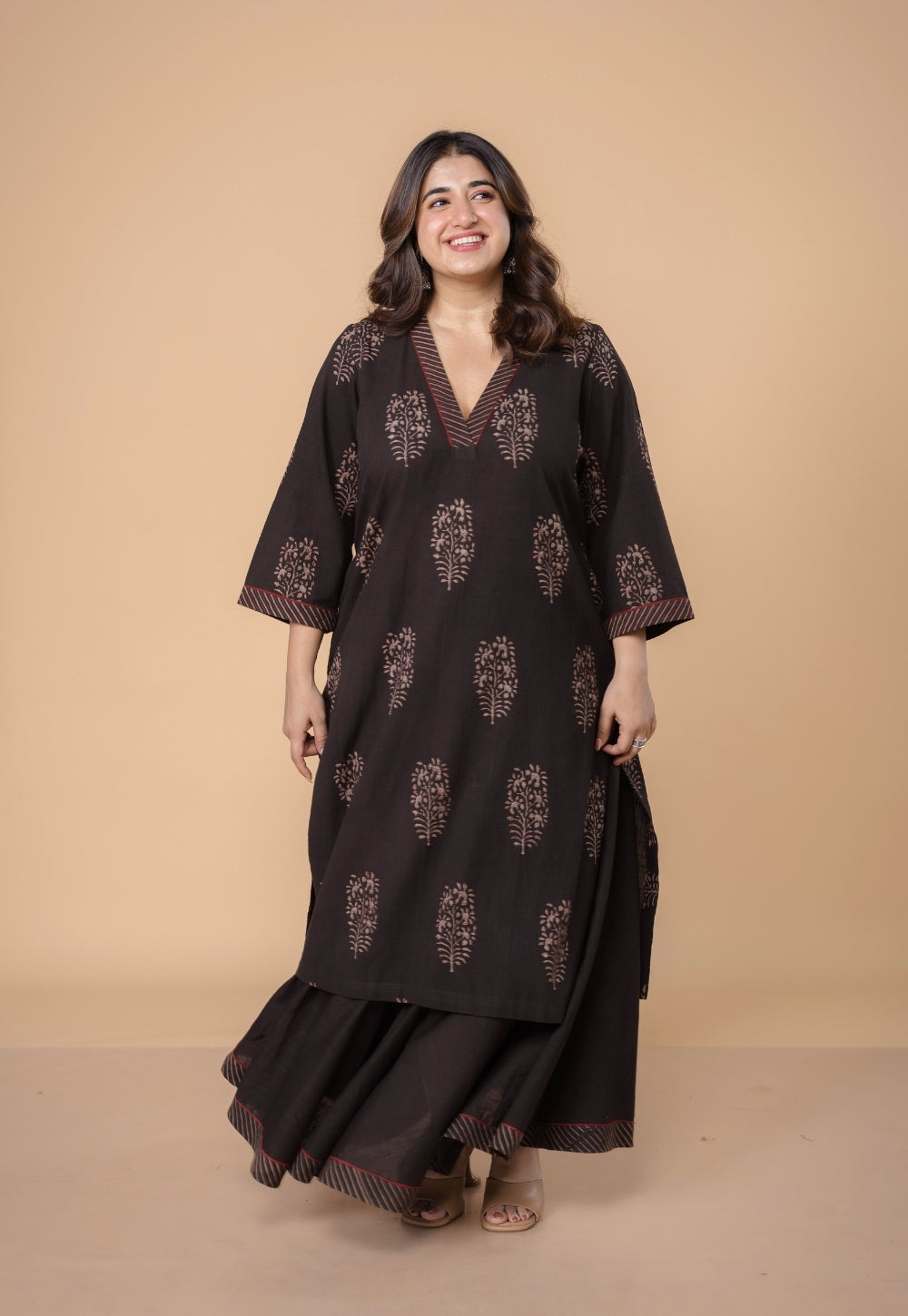 Zeenat Brown Dabu Slub Cotton Straight Kurta
