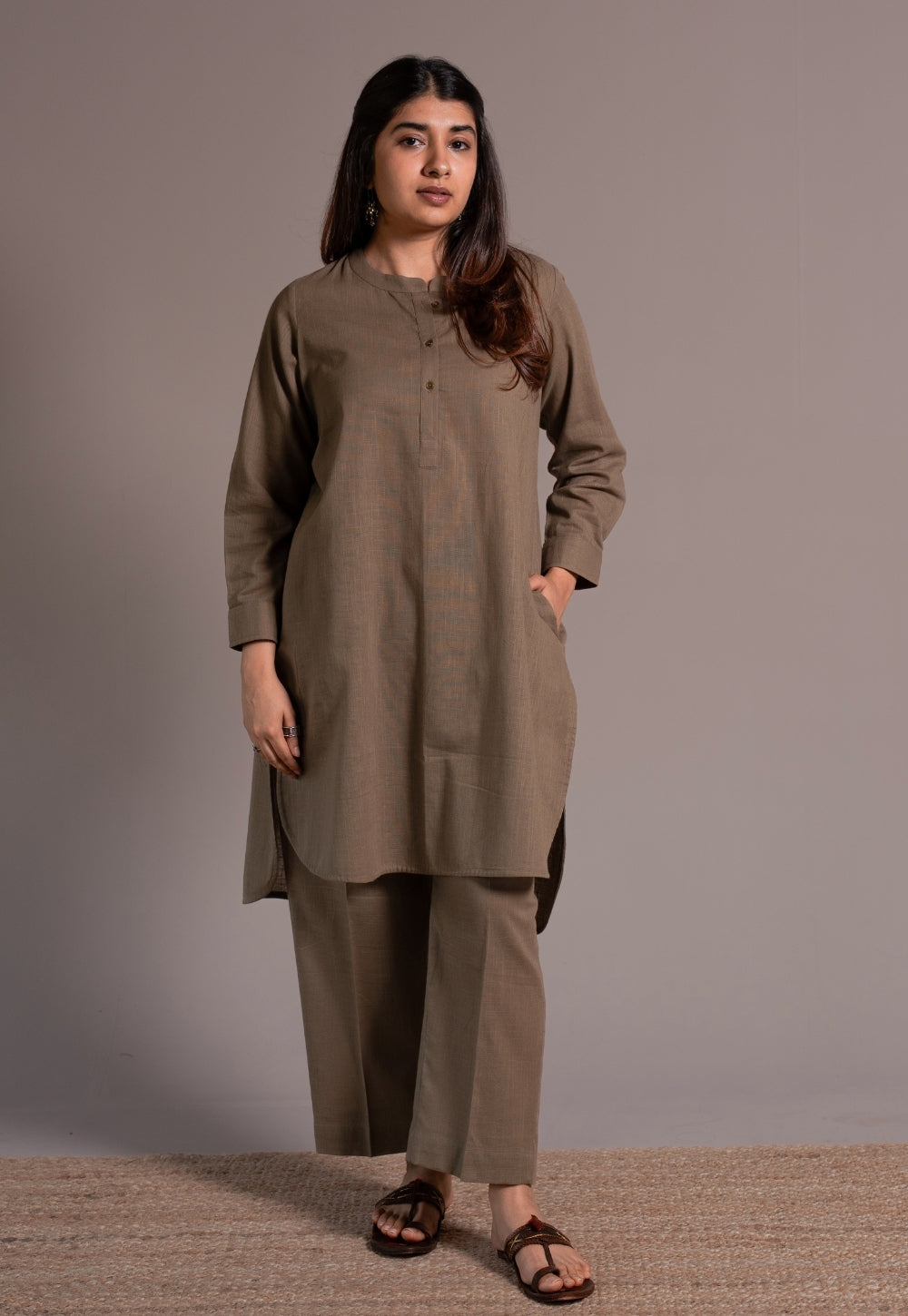 Khaki Grey Solid Slub Cotton Straight Kurta - DyeVerse