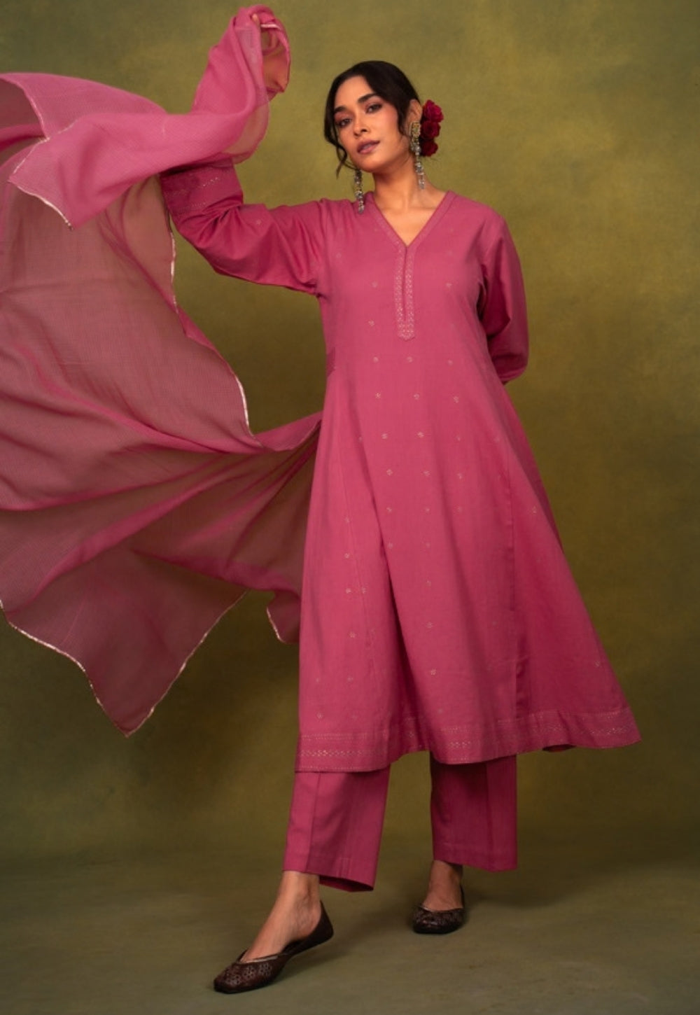 Sadia Pink Rogan Handblock Printed Cotton Kali Kurta Suit Set (Set of 3)