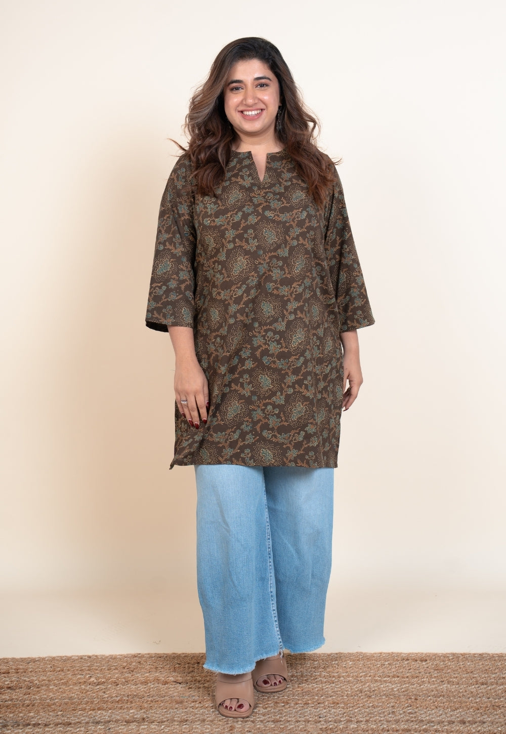 Anvi Brown Ajrakh Cotton Straight Short Top