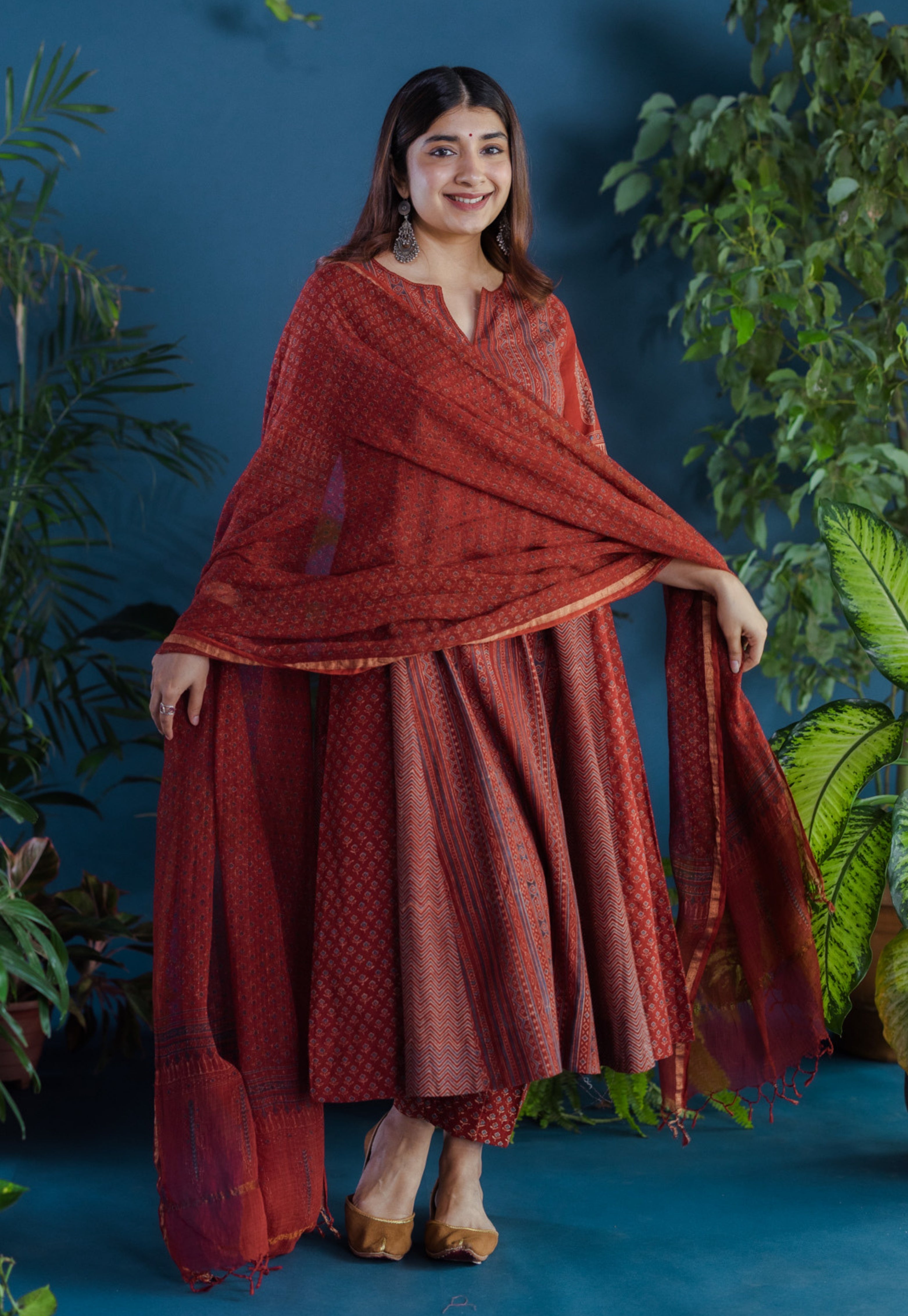 Red Butti Ajrakh Kota Doria Cotton Dupatta