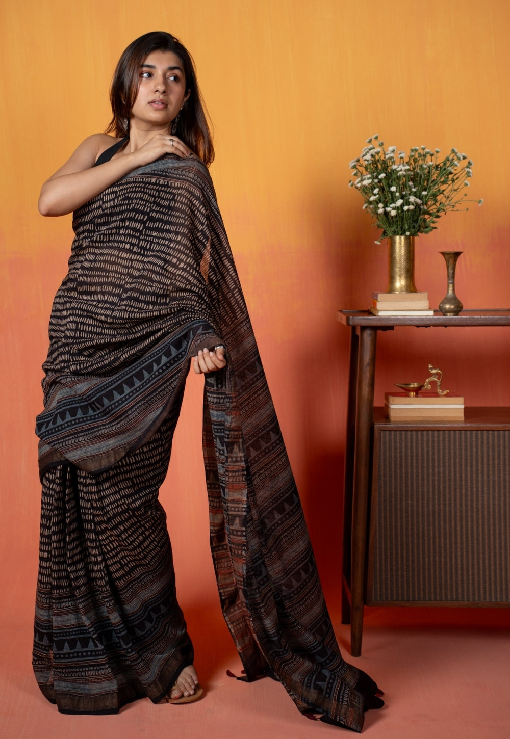 Black Objects Ajrakh Hand Block Print Maheshwari Saree