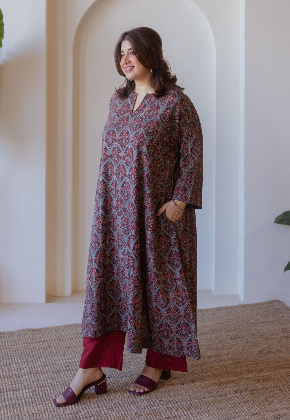Nyra Brown Ajrakh Cotton Jhabbha Kali Kurta