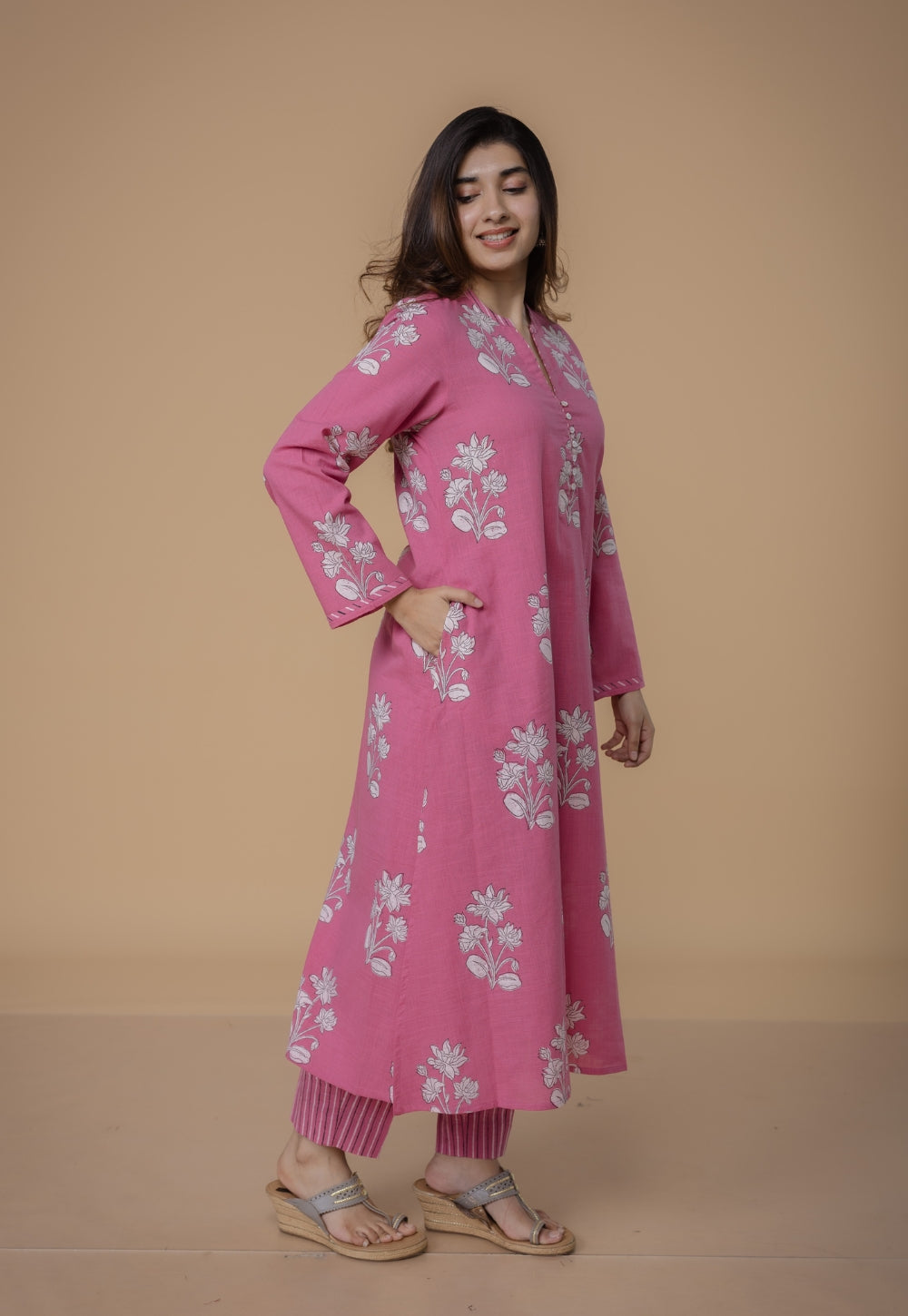 Prita Pink Dabu Slub Cotton Narrow Pant