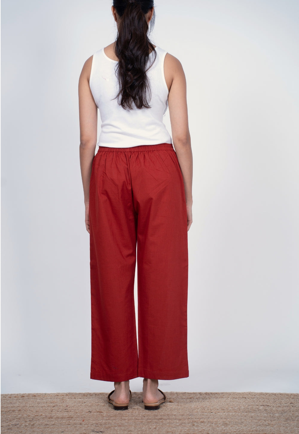 Yashi Red Solid Slub Cotton Straight Pant